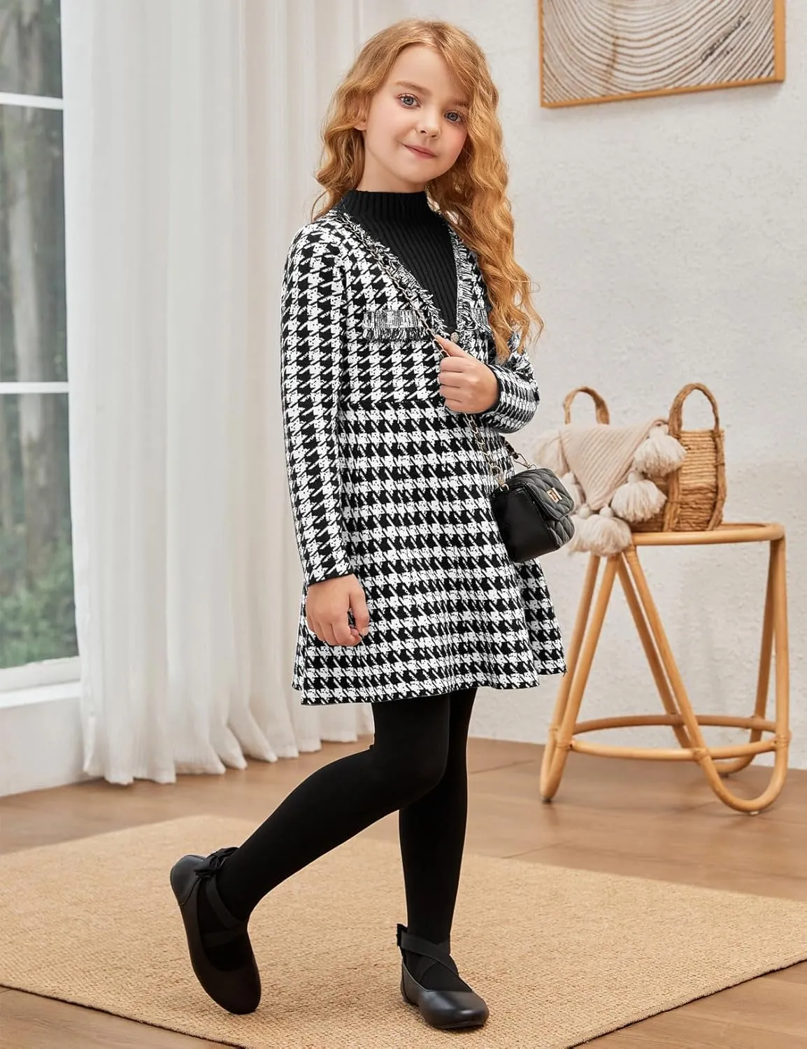 Jxstar Girls Knitted Sweater Dresses Kids Houndstooth Flare Winter Dress