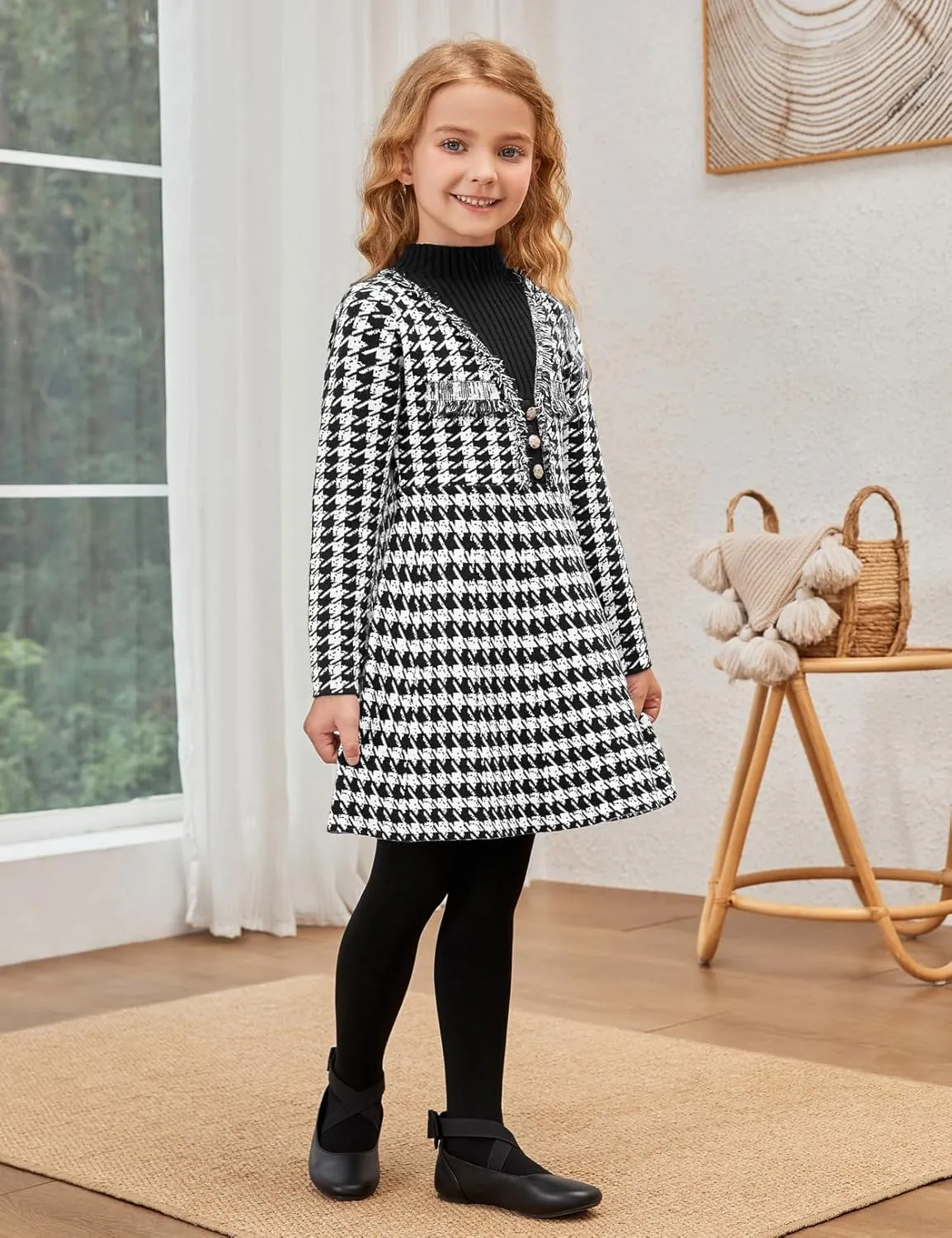 Jxstar Girls Knitted Sweater Dresses Kids Houndstooth Flare Winter Dress