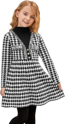 Jxstar Girls Knitted Sweater Dresses Kids Houndstooth Flare Winter Dress