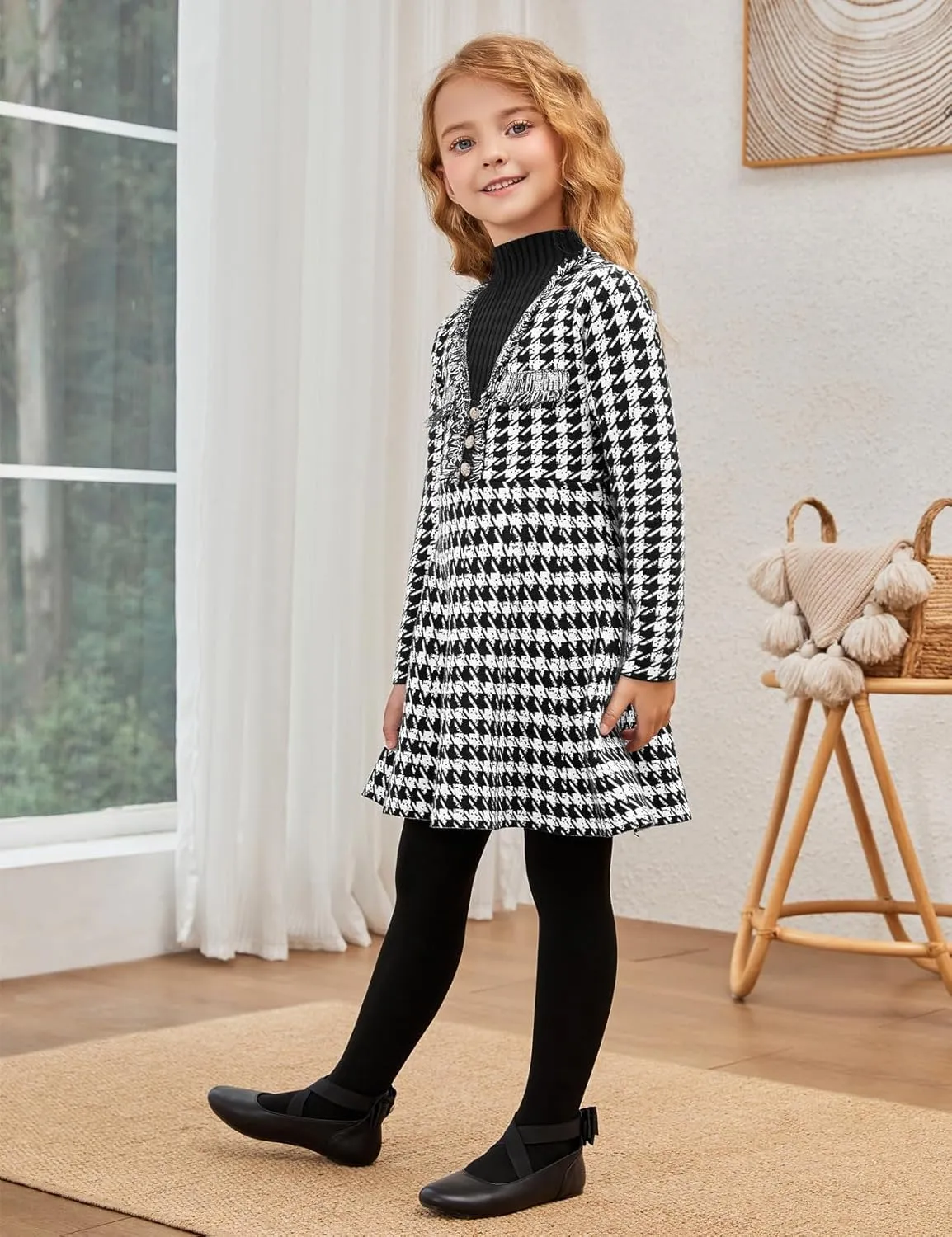 Jxstar Girls Knitted Sweater Dresses Kids Houndstooth Flare Winter Dress