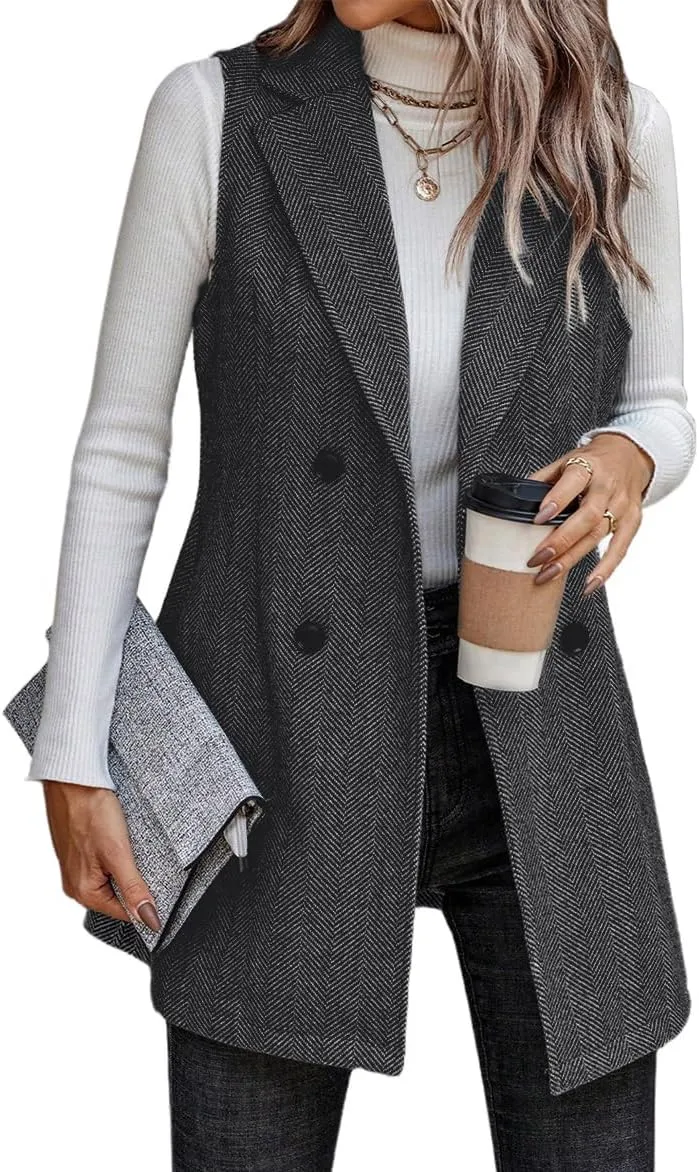 Kinghua Womens Wool Long Vest Sleeveless Lapel Double Breasted Fall Winter Coats Jackets