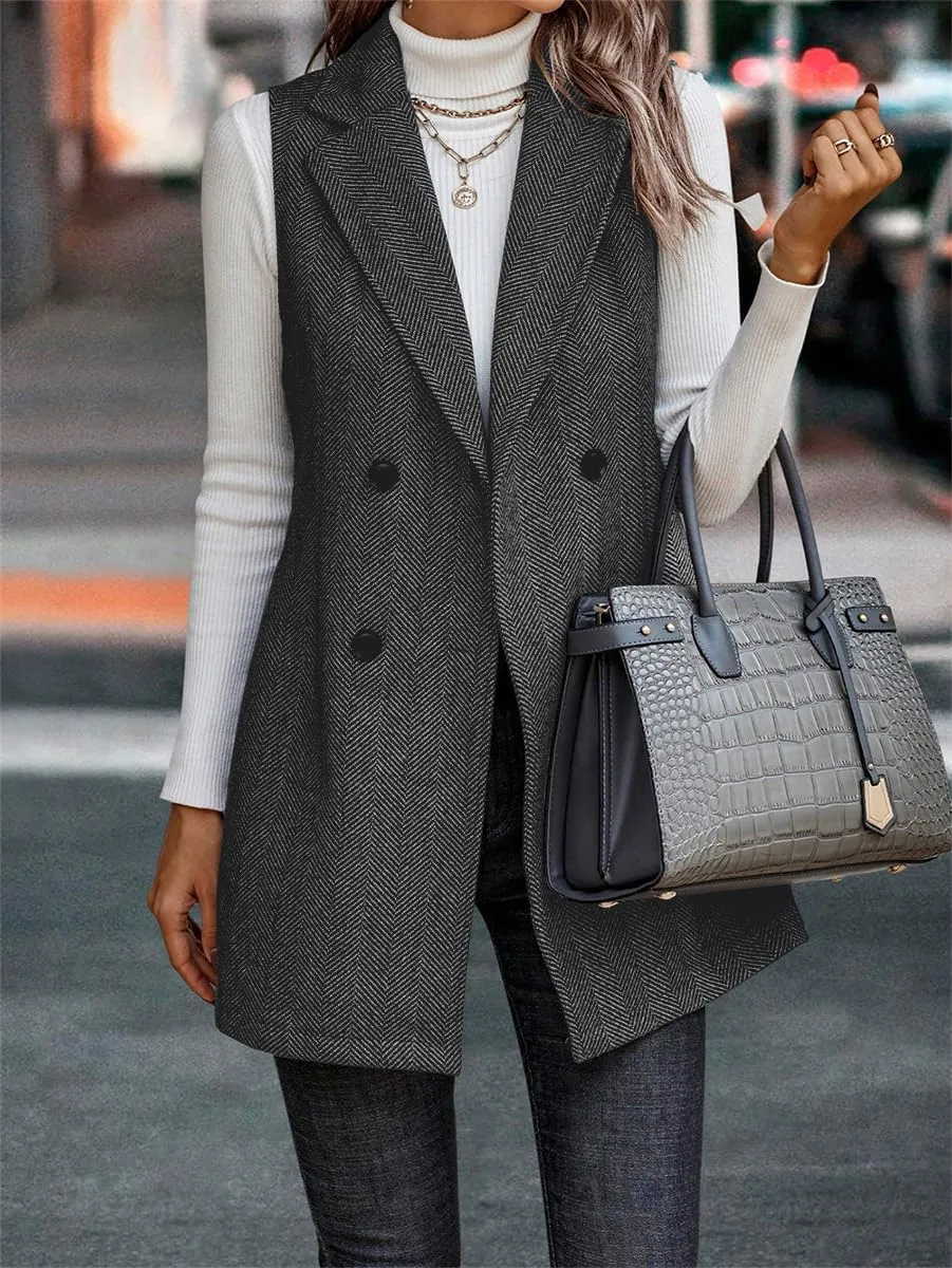 Kinghua Womens Wool Long Vest Sleeveless Lapel Double Breasted Fall Winter Coats Jackets