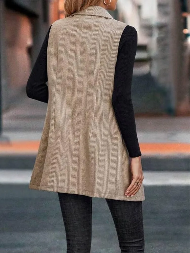 Kinghua Womens Wool Long Vest Sleeveless Lapel Double Breasted Fall Winter Coats Jackets