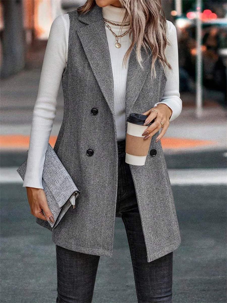 Kinghua Womens Wool Long Vest Sleeveless Lapel Double Breasted Fall Winter Coats Jackets