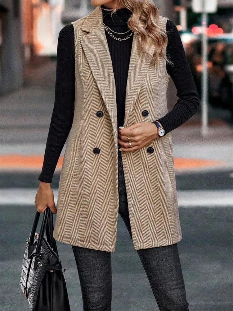 Kinghua Womens Wool Long Vest Sleeveless Lapel Double Breasted Fall Winter Coats Jackets