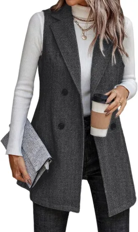 Kinghua Womens Wool Long Vest Sleeveless Lapel Double Breasted Fall Winter Coats Jackets