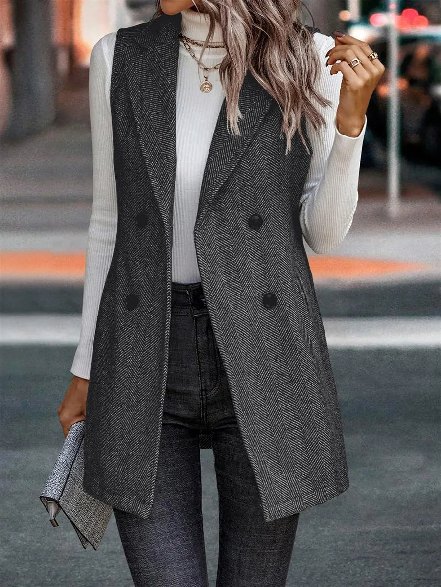 Kinghua Womens Wool Long Vest Sleeveless Lapel Double Breasted Fall Winter Coats Jackets