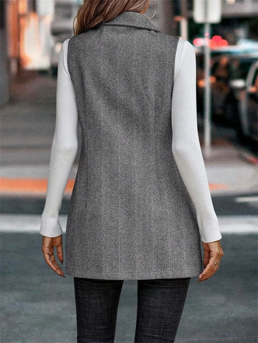 Kinghua Womens Wool Long Vest Sleeveless Lapel Double Breasted Fall Winter Coats Jackets