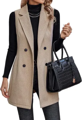 Kinghua Womens Wool Long Vest Sleeveless Lapel Double Breasted Fall Winter Coats Jackets