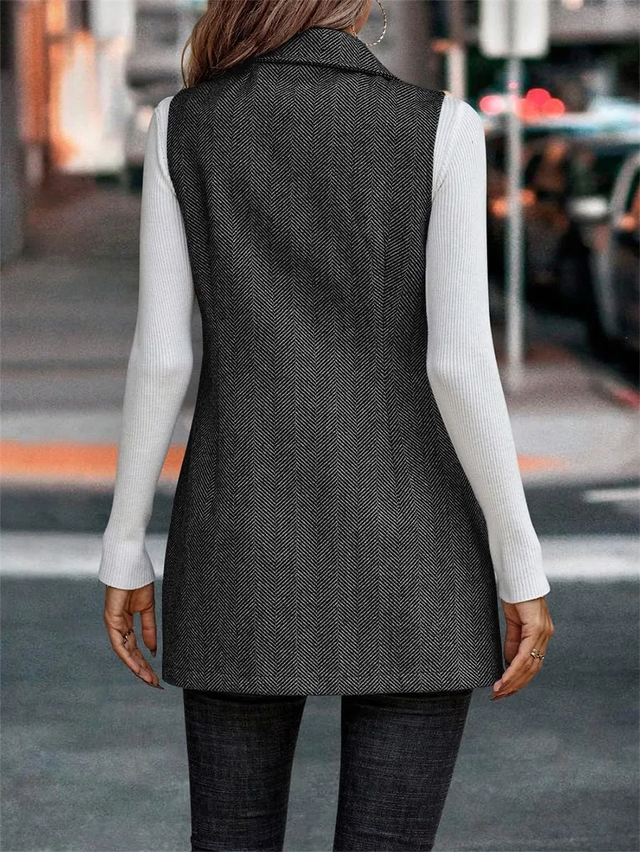 Kinghua Womens Wool Long Vest Sleeveless Lapel Double Breasted Fall Winter Coats Jackets