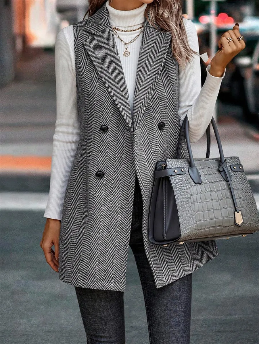 Kinghua Womens Wool Long Vest Sleeveless Lapel Double Breasted Fall Winter Coats Jackets