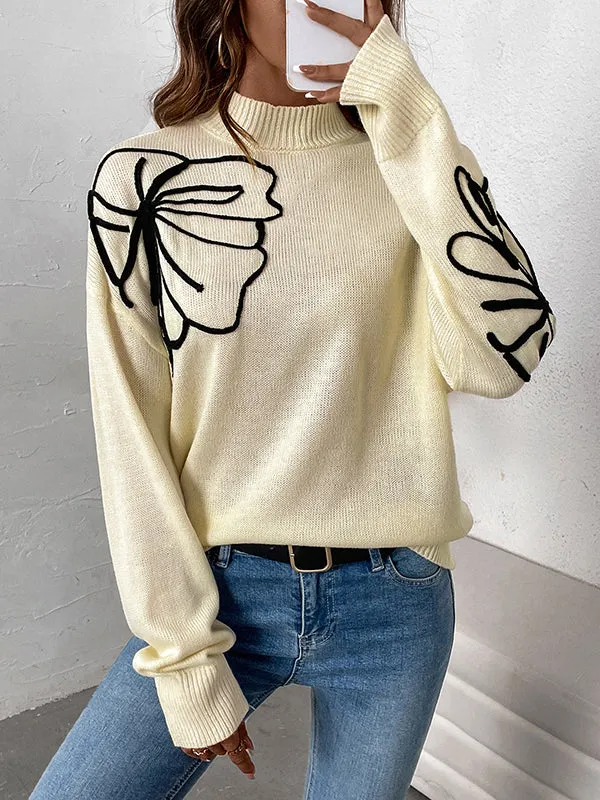 Knitted Flower Split-Joint Long Sleeves Loose Mock Neck Sweater Tops Pullovers