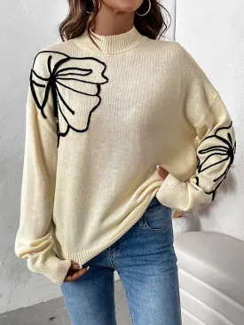 Knitted Flower Split-Joint Long Sleeves Loose Mock Neck Sweater Tops Pullovers