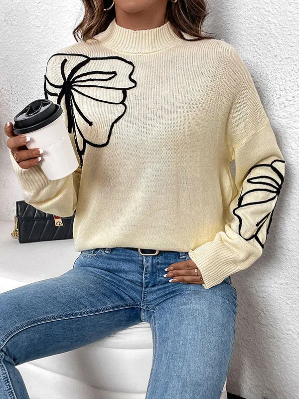 Knitted Flower Split-Joint Long Sleeves Loose Mock Neck Sweater Tops Pullovers