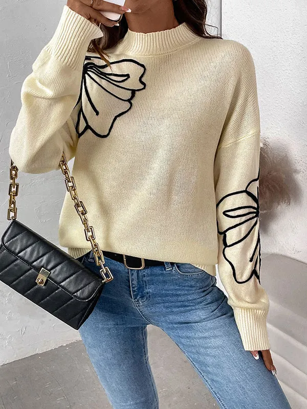 Knitted Flower Split-Joint Long Sleeves Loose Mock Neck Sweater Tops Pullovers