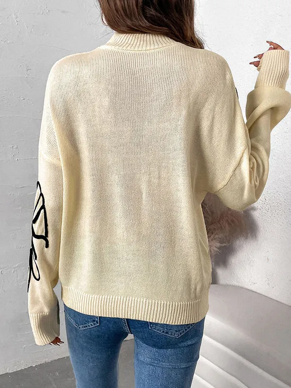 Knitted Flower Split-Joint Long Sleeves Loose Mock Neck Sweater Tops Pullovers