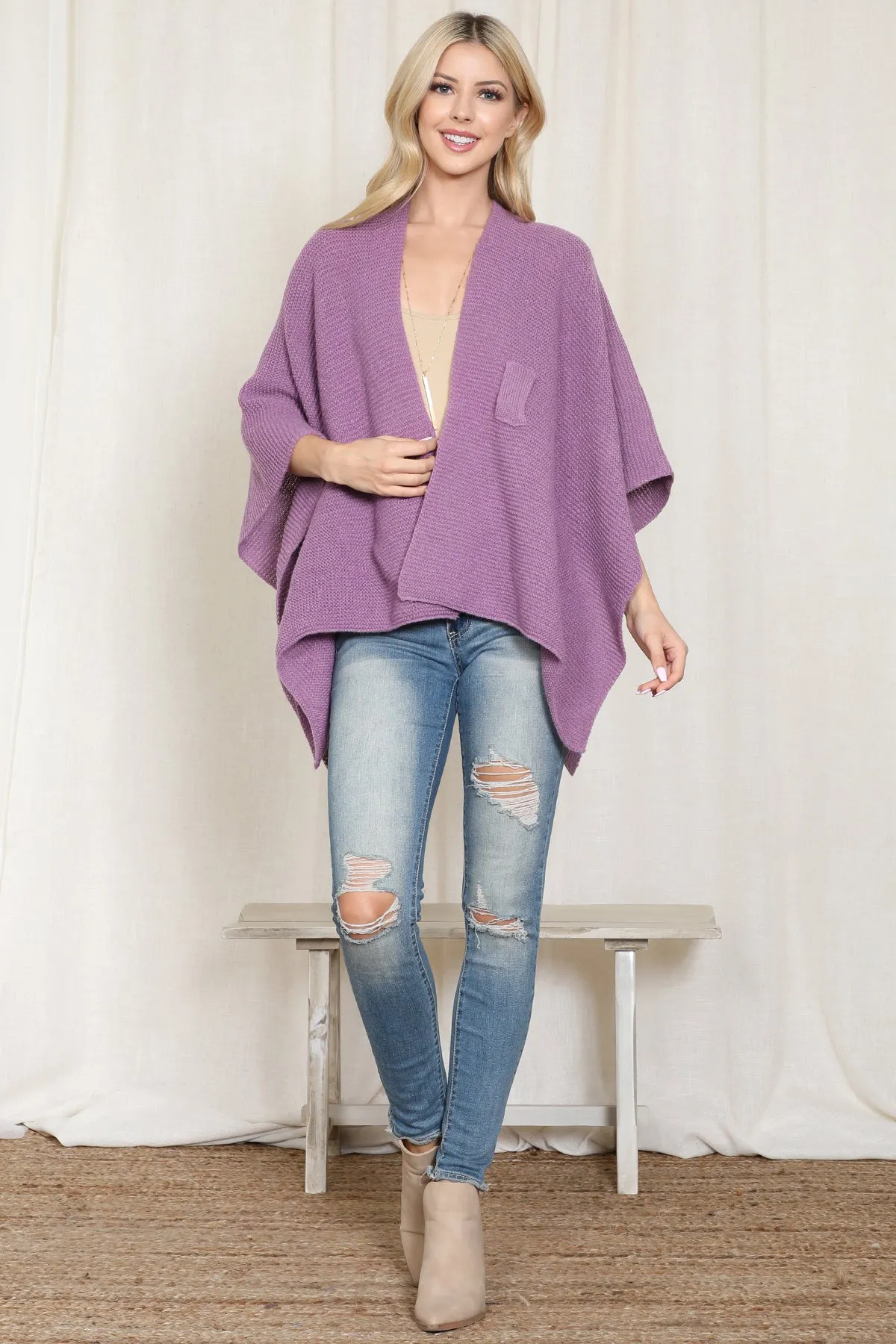 KNITTED SOLID COLOR WRAP KIMONO