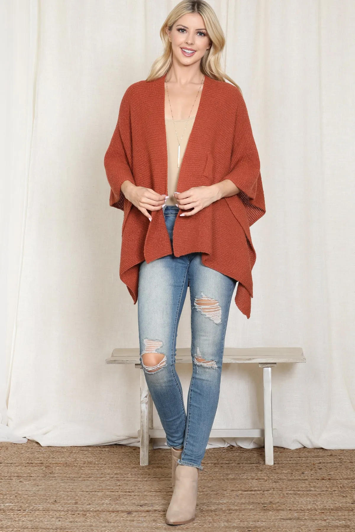 KNITTED SOLID COLOR WRAP KIMONO