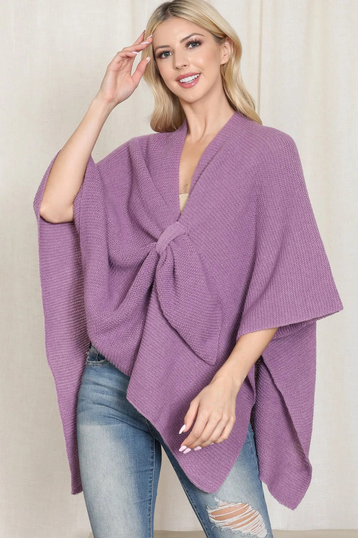 KNITTED SOLID COLOR WRAP KIMONO