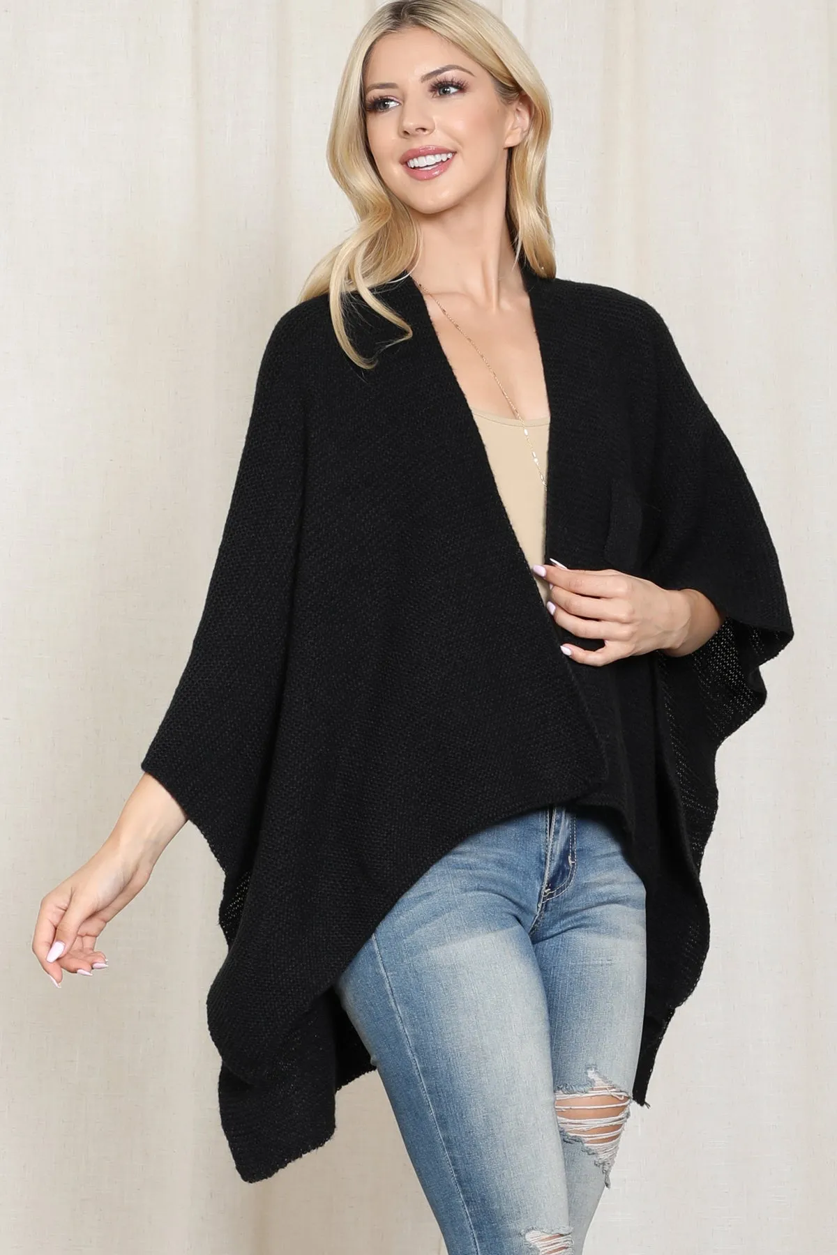 KNITTED SOLID COLOR WRAP KIMONO