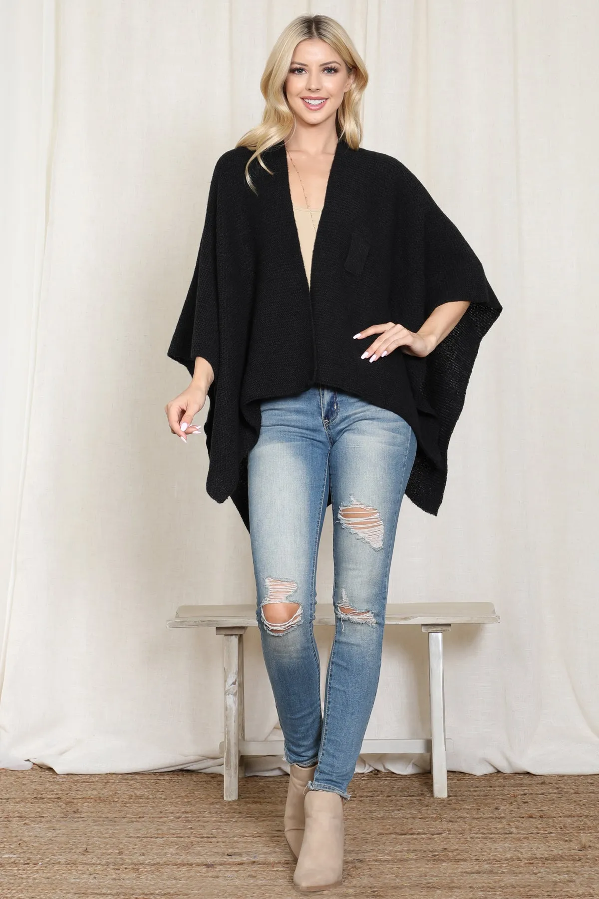 KNITTED SOLID COLOR WRAP KIMONO