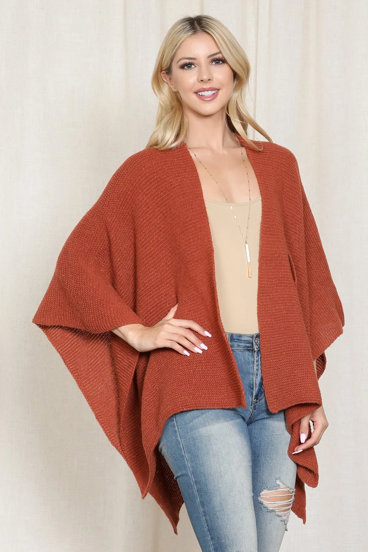 KNITTED SOLID COLOR WRAP KIMONO