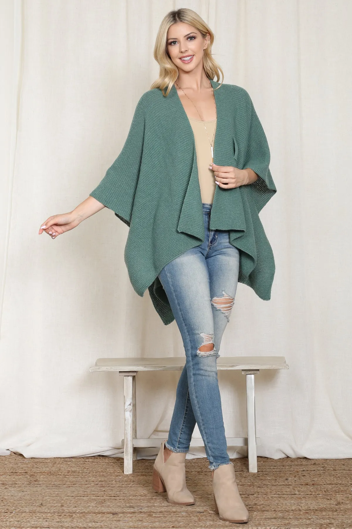KNITTED SOLID COLOR WRAP KIMONO