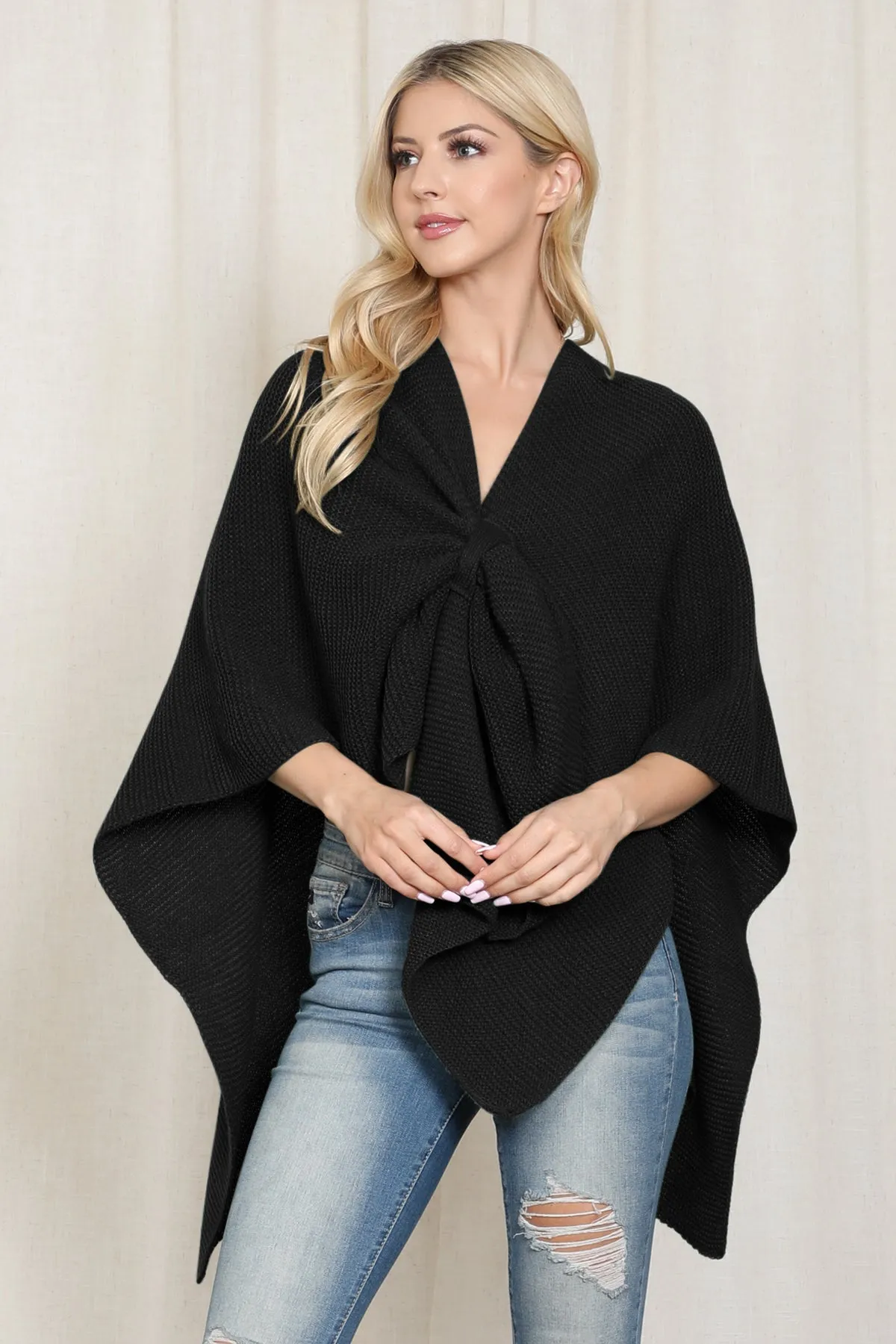 KNITTED SOLID COLOR WRAP KIMONO