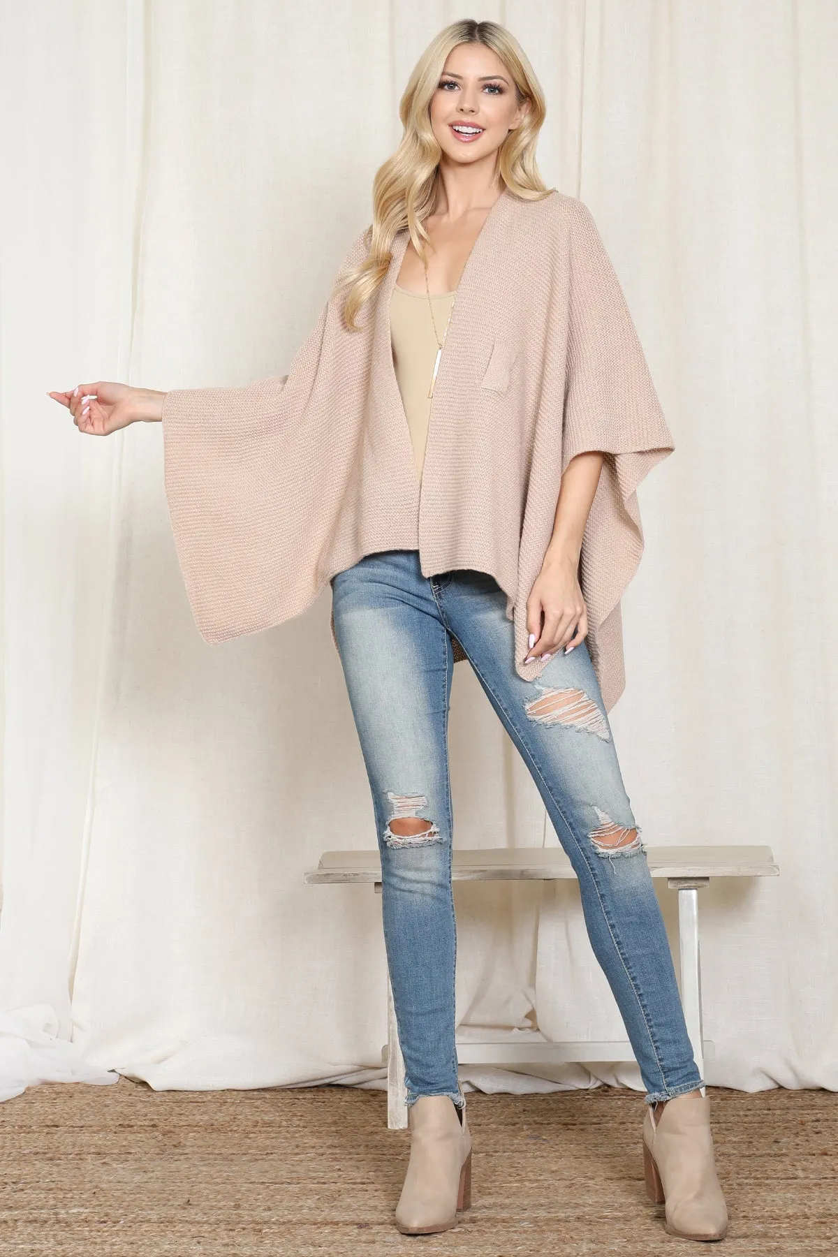 KNITTED SOLID COLOR WRAP KIMONO