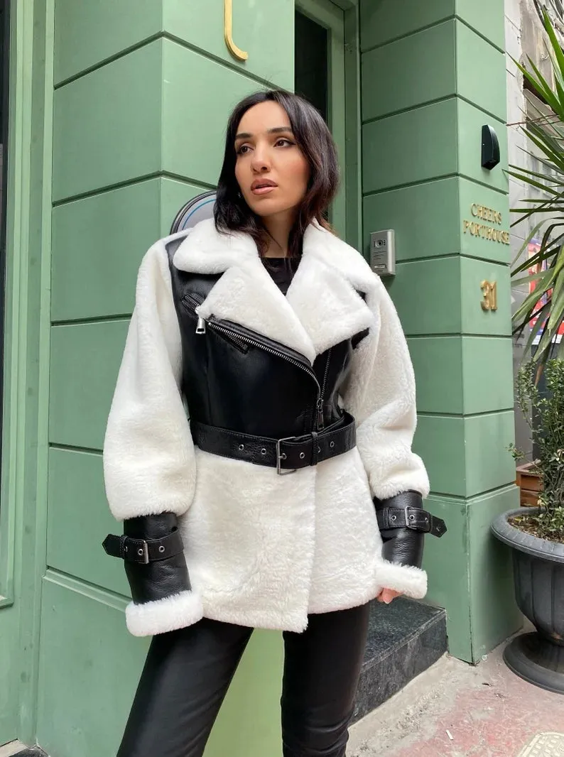 Lambskin White women's lambskin leather faux fur Jacket by TJS