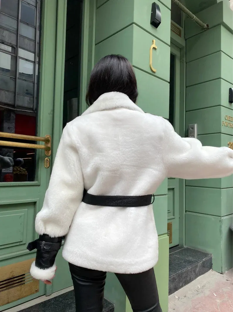 Lambskin White women's lambskin leather faux fur Jacket by TJS