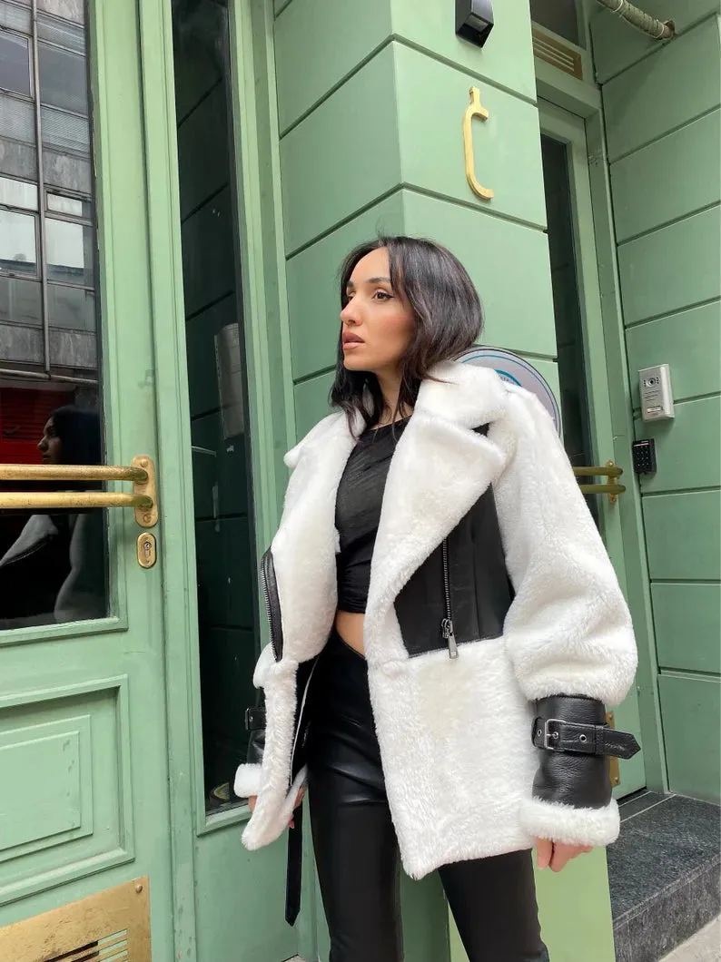 Lambskin White women's lambskin leather faux fur Jacket by TJS