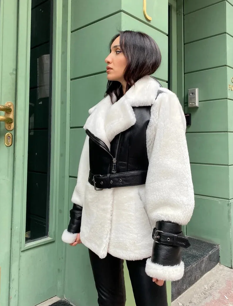 Lambskin White women's lambskin leather faux fur Jacket by TJS
