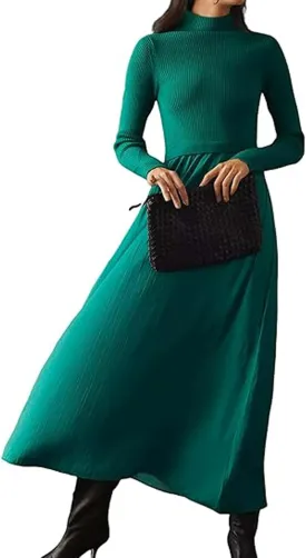 Lauweion Women's Turtleneck Sweater Maxi Dress Long Sleeve Slim Fit Ribbed Knit Pullover Jumper Top Flowy Long Dresses
