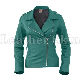 Leather Skin Women Sea Green Brando Synthetic Leather Jacket