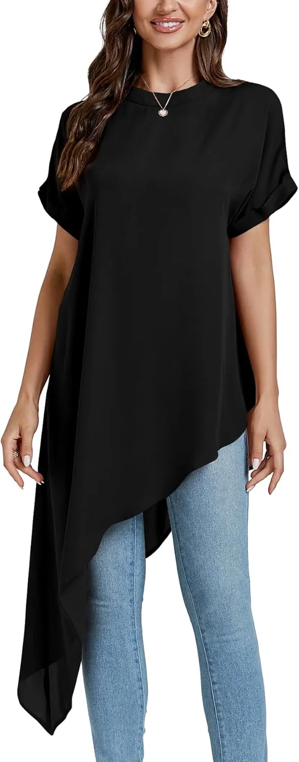 LYANER Women's Casual Mock Neck Short Sleeve Irregular Hem Loose Blouse Long Shirt Top