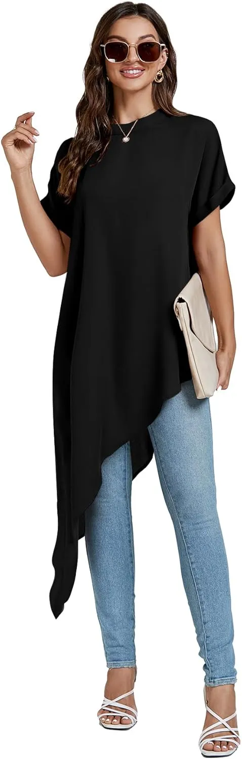 LYANER Women's Casual Mock Neck Short Sleeve Irregular Hem Loose Blouse Long Shirt Top