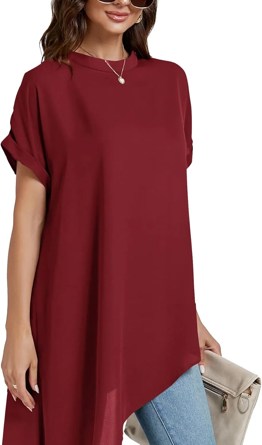 LYANER Women's Casual Mock Neck Short Sleeve Irregular Hem Loose Blouse Long Shirt Top
