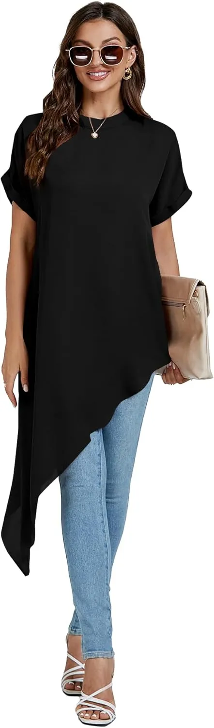 LYANER Women's Casual Mock Neck Short Sleeve Irregular Hem Loose Blouse Long Shirt Top