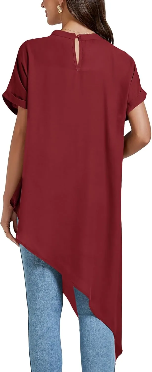 LYANER Women's Casual Mock Neck Short Sleeve Irregular Hem Loose Blouse Long Shirt Top