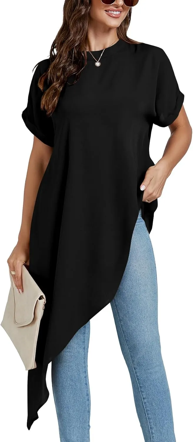 LYANER Women's Casual Mock Neck Short Sleeve Irregular Hem Loose Blouse Long Shirt Top