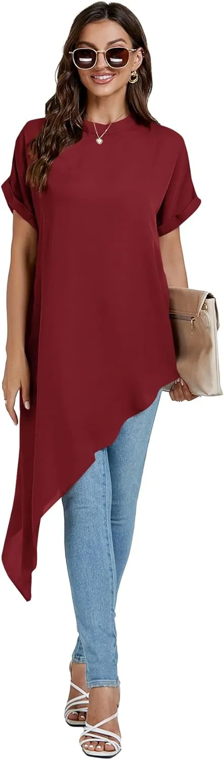 LYANER Women's Casual Mock Neck Short Sleeve Irregular Hem Loose Blouse Long Shirt Top