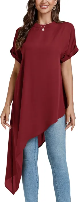 LYANER Women's Casual Mock Neck Short Sleeve Irregular Hem Loose Blouse Long Shirt Top
