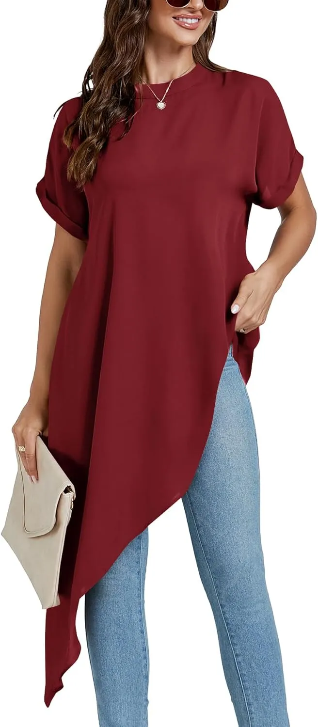 LYANER Women's Casual Mock Neck Short Sleeve Irregular Hem Loose Blouse Long Shirt Top