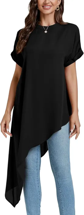 LYANER Women's Casual Mock Neck Short Sleeve Irregular Hem Loose Blouse Long Shirt Top