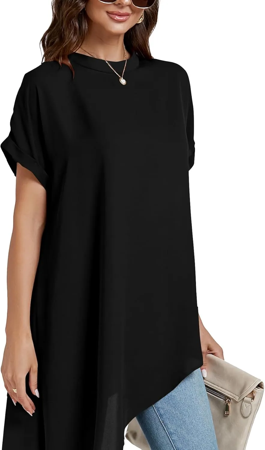 LYANER Women's Casual Mock Neck Short Sleeve Irregular Hem Loose Blouse Long Shirt Top