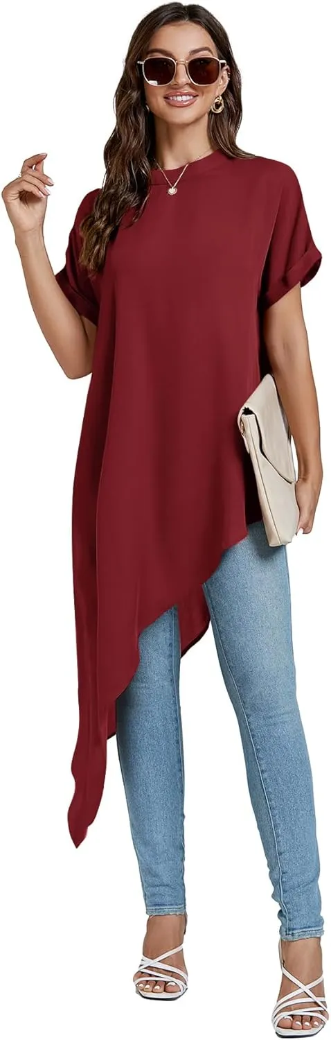 LYANER Women's Casual Mock Neck Short Sleeve Irregular Hem Loose Blouse Long Shirt Top