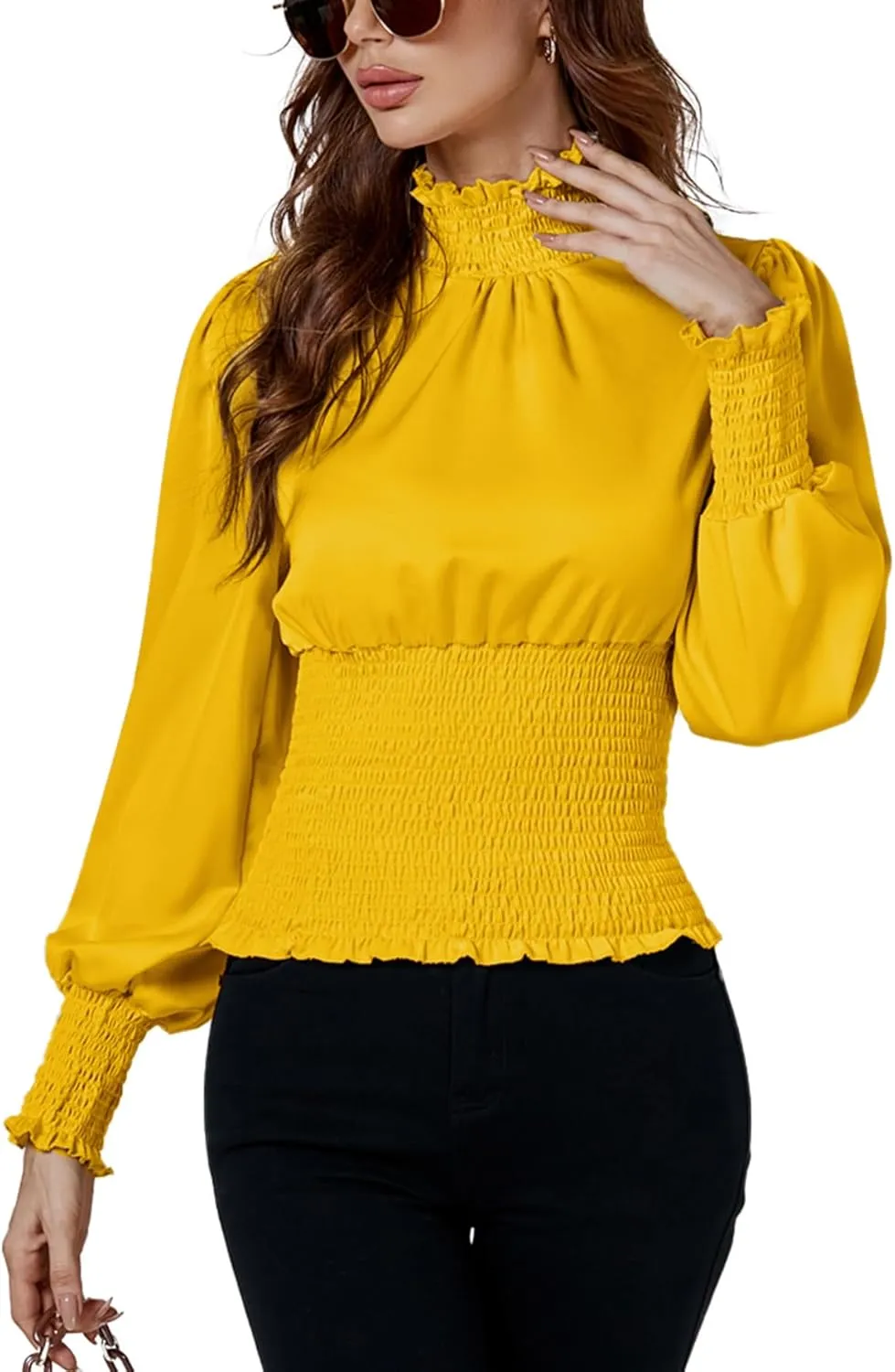 LYANER Women's Shirred Frill Mock Neck Smocked Puff Long Sleeve Blouse Top