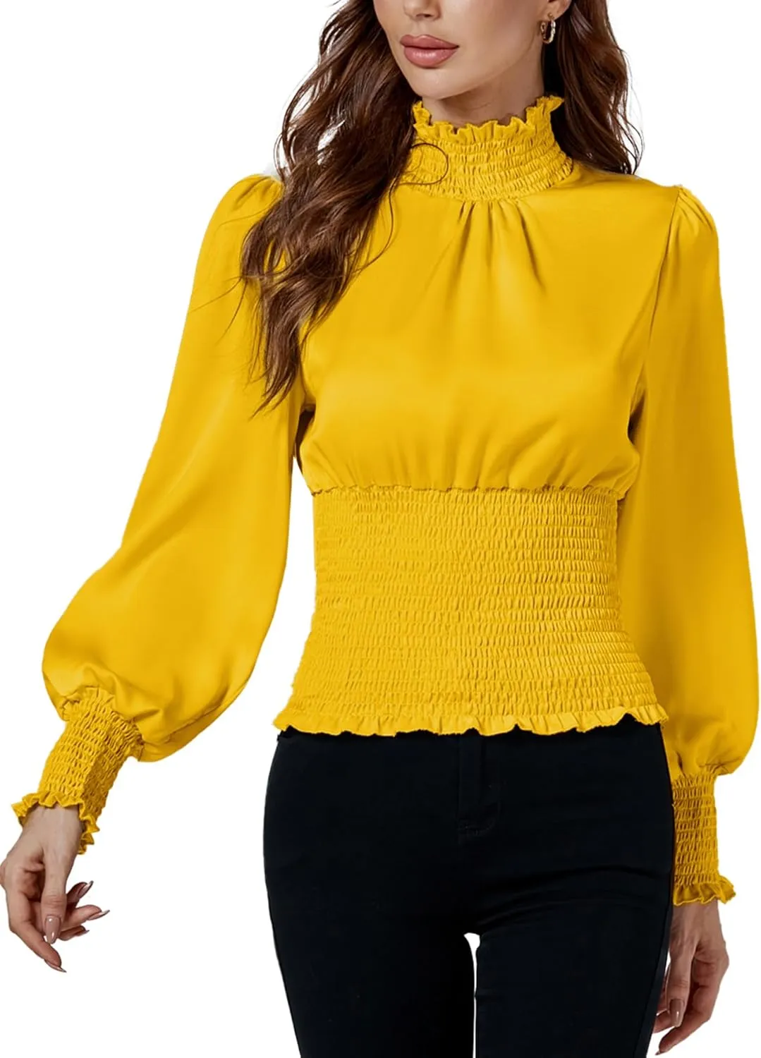 LYANER Women's Shirred Frill Mock Neck Smocked Puff Long Sleeve Blouse Top