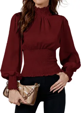 LYANER Women's Shirred Frill Mock Neck Smocked Puff Long Sleeve Blouse Top